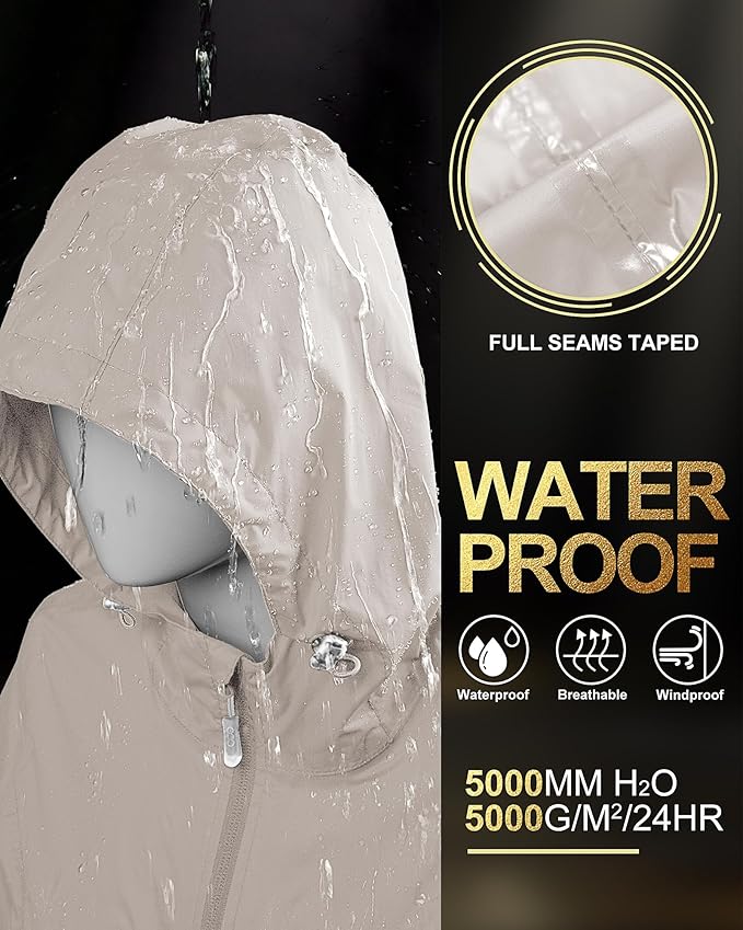 33,000ft Women's Waterproof Long Rain Coats Packable Rain Jacket with Hood Trench Coats Windbreaker