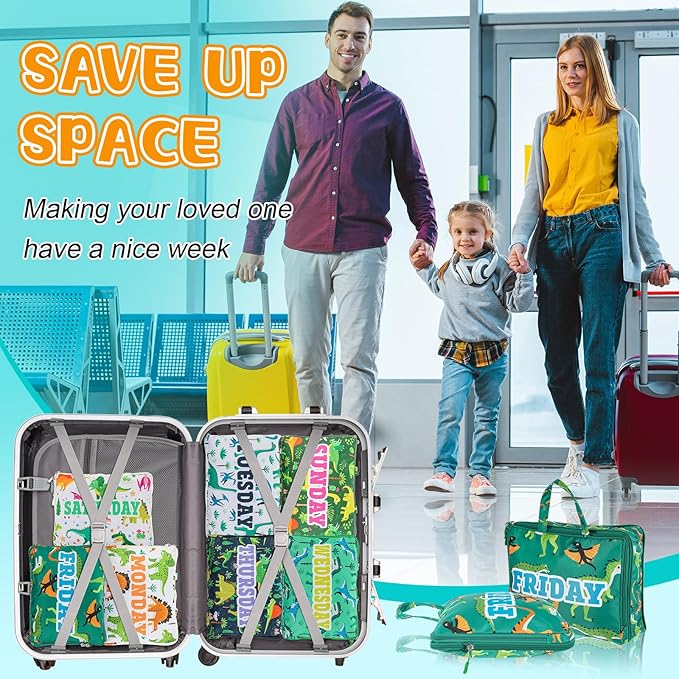 Paterr 7 Pcs Days of Week Packing Cubes Compression Packing Cubes for Kids Winter Camp Travel Daily Outfit Suitcase Organizers Zippered Storage Bag for Cruise Vacation Essentials(Dinosaur)