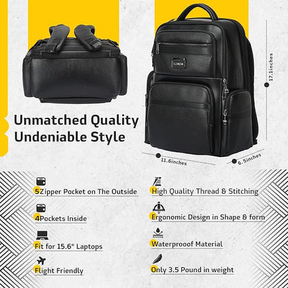 Durable Leather Laptop Business Backpack Perfect for Men & Women, Work Backpack Fits 15.6 Inch, Premium Quality Travel Bag with USB Charging Port, Water-Resistant, Bookbag with Multiple Pockets
