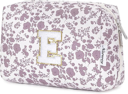 Narwey Birthday Gifts for Teen Girls Kids Women Personalized Initial Floral Makeup Bag Cute Cosmetic Trendy Stuff 6 8 10 11 12 13 14 16 18 Years Old Travel Toiletry Bag (Little Dusty Pink Flower E)