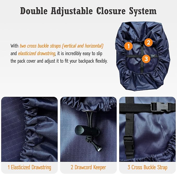 Waterproof Backpack Rain Cover (15-90L), Heavy-Duty Nylon Pack Cover with Upgraded Double Adjustable Closure System and a Carry Pouch for Hiking, Cycling. Durable and Lightweight.
