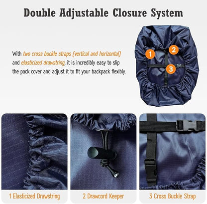 Waterproof Backpack Rain Cover (15-90L), Heavy-Duty Nylon Pack Cover with Upgraded Double Adjustable Closure System and a Carry Pouch for Hiking, Cycling. Durable and Lightweight.