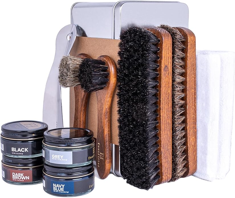 FootFitter Leather Shoe Shine Refill Set, Complete Shoe Care Kit with Horsehair Brushes, Premium Creams, Cloths & Shoehorn