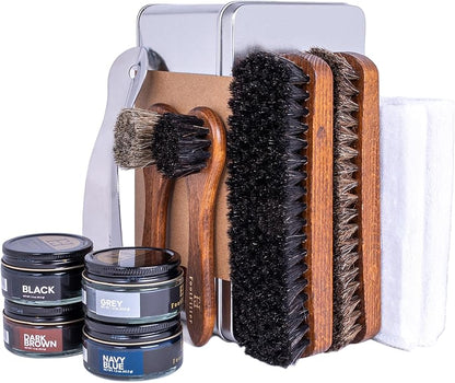 FootFitter Leather Shoe Shine Refill Set, Complete Shoe Care Kit with Horsehair Brushes, Premium Creams, Cloths & Shoehorn