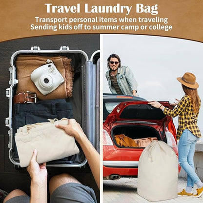 Canvas Laundry Bags with Handles & Square Base 13.8"x 13.8", Large Heavy Duty Laundry Hamper Bag, College Dorm Washable Drawstring Cotton Dirty Clothes Sack (Beige,1 Pack)