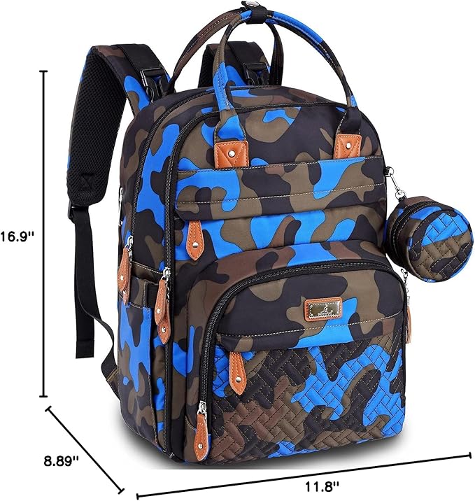 BabbleRoo Diaper Bag Backpack - Baby Essentials Travel Tote - Multi Function Water Resistant Diaper Bag, Travel Essentials Baby Bag with Changing Pad, Stroller Straps & Pacifier Case - Blue Camo
