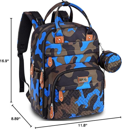 BabbleRoo Diaper Bag Backpack - Baby Essentials Travel Tote - Multi Function Water Resistant Diaper Bag, Travel Essentials Baby Bag with Changing Pad, Stroller Straps & Pacifier Case - Blue Camo
