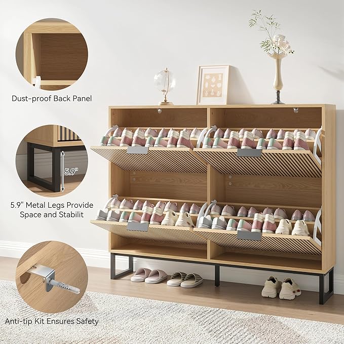 Shoe Cabinet with 4 Flip Drawers, Narrow Wood Shoe Cabinet Storage for Entryway, Freestanding Hidden Shoe Organizer Rack Cabinet for Hallway