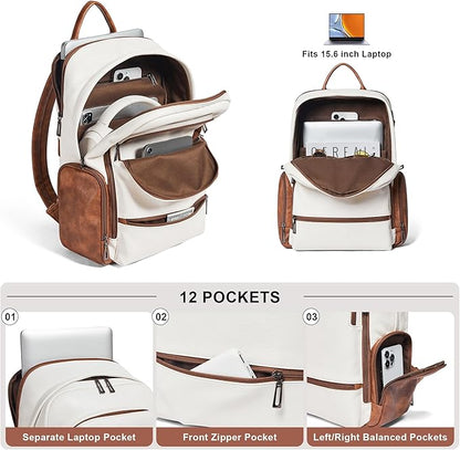Leather Backpack for Women, Fits 15.6 Inch Laptop, Soft Vegan Leather Backpack for Travel and Daily Use, Beige