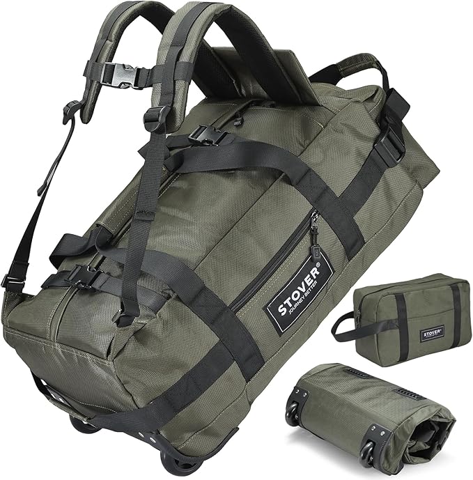 STOVER 45L Carry-On Rolling Duffel Bag with Wheels, Medium Durable Travel Duffle w/Toiletry Bag, Heavy-Duty, Packable, Foldable with Shoulder Straps- Use as Luggage or Backpack, Men/Women (Green)