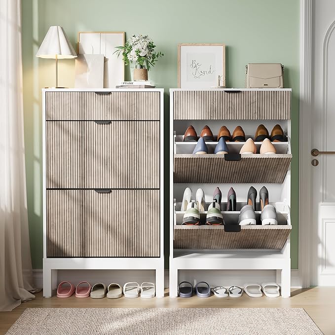 GAOMON Shoe Cabinet with 2 Flip Drawers, Entryway Cabinet with Adjustable Shelves, Accommodate 8 to 12 Pair of Shoes, Space-Saving Slim Shoe Cabinet for Entryway, Hallway, Front Door, White Grey