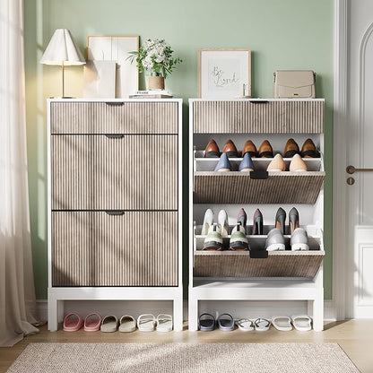 GAOMON Shoe Cabinet with 2 Flip Drawers, Entryway Cabinet with Adjustable Shelves, Accommodate 8 to 12 Pair of Shoes, Space-Saving Slim Shoe Cabinet for Entryway, Hallway, Front Door, White Grey
