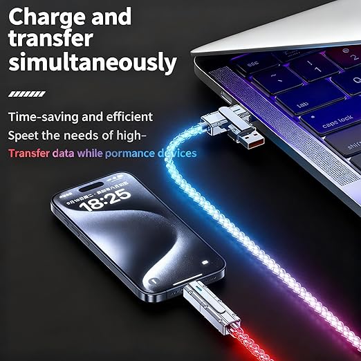 USB Cable PD Fast Charger Lighted Up (USB 4IN1 RGB),Supports Data Transfer, can be Used as a Night Light, Cable Length Approx. 39 inches, Compatible with Most Devices.