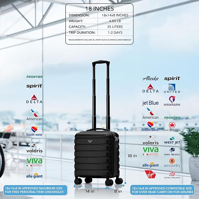 Flight Knight Carry On Suitcase 18x14x8" Hardside Built In TSA Lock & USB Port Lightweight Luggage Silent Double Spinner Wheels Maximum Underseat Carry-On Bag For American & United Approved Airlines