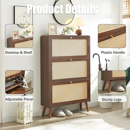 Rattan Shoe Cabinet with 3 Flip Drawers, 24 Pairs Narrow Shoe Storage Cabinet for Entryway Freestanding Hidden Shoe Rack, Modern Slim Wood Shoe Organizer for Hallway, Walnut