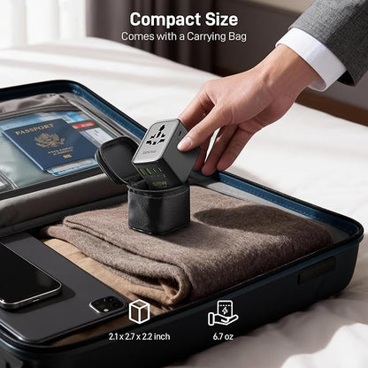 Epicka Pulse Duo 65W International Power Adapter, Universal Travel Adapter with 6-Port (2 AC/2 USB-A/2 USB-C), European Travel Plug Adapter with PD & QC 3.0 Fast Charging, Travel Essentials (Black)