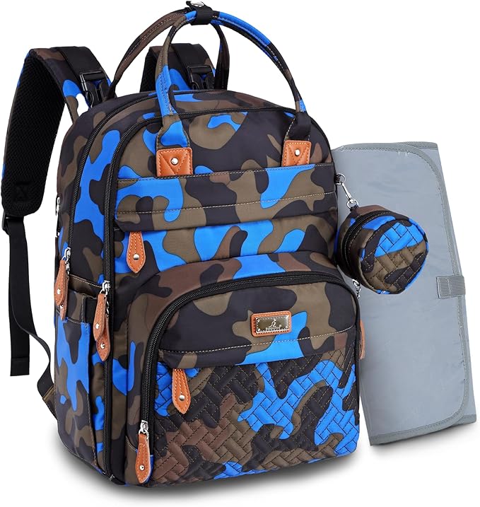 BabbleRoo Diaper Bag Backpack - Baby Essentials Travel Tote - Multi Function Water Resistant Diaper Bag, Travel Essentials Baby Bag with Changing Pad, Stroller Straps & Pacifier Case - Blue Camo