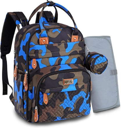 BabbleRoo Diaper Bag Backpack - Baby Essentials Travel Tote - Multi Function Water Resistant Diaper Bag, Travel Essentials Baby Bag with Changing Pad, Stroller Straps & Pacifier Case - Blue Camo