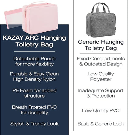 KAZAY Hanging Toiletry Bag with TSA Approved Detachable Pouch, Travel Toiletry Bag, Water Resistant, Premium Nylon, Travel Size Toiletries, Cosmetic Bag, Makeup Bag (Pink)