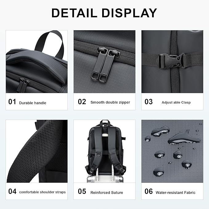 Travel Backpack for Men and Women, Flight-Approved Carry-On Backpack with Laptop Compartment; Large-Capacity Personal Item for Business, Work, School, or Weekend Trips (Black).