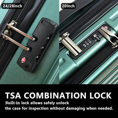 3Pcs (20/24/28) Luggage Set, HardShell Lightweight, Only 20" with Front Pocket, 21.65*15.35*7.87" Fits Overhead Cabin, 24" (26*17.7*10.2") and 28" (19.68*11.81*29.92") Checked Luggage, Green