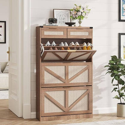 Shoe Cabinet with 3 Flip Drawers & 2 Drawers,Freestanding Shoe Storage Cabinet for Entryway,Farmhouse Narrow Slim Organizer Rack for Foyer,Hallway,Rustic Oak Rattan