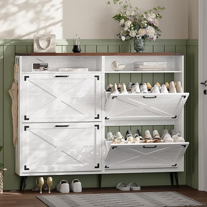 Shoe Storage Cabinet with 4 Flip Drawers Narrow Shoe Rack Cabinet Farmhouse Design Freestanding Shoe Organizer with Open Storage for Entryway,Hallway,Foyer,White Walnut