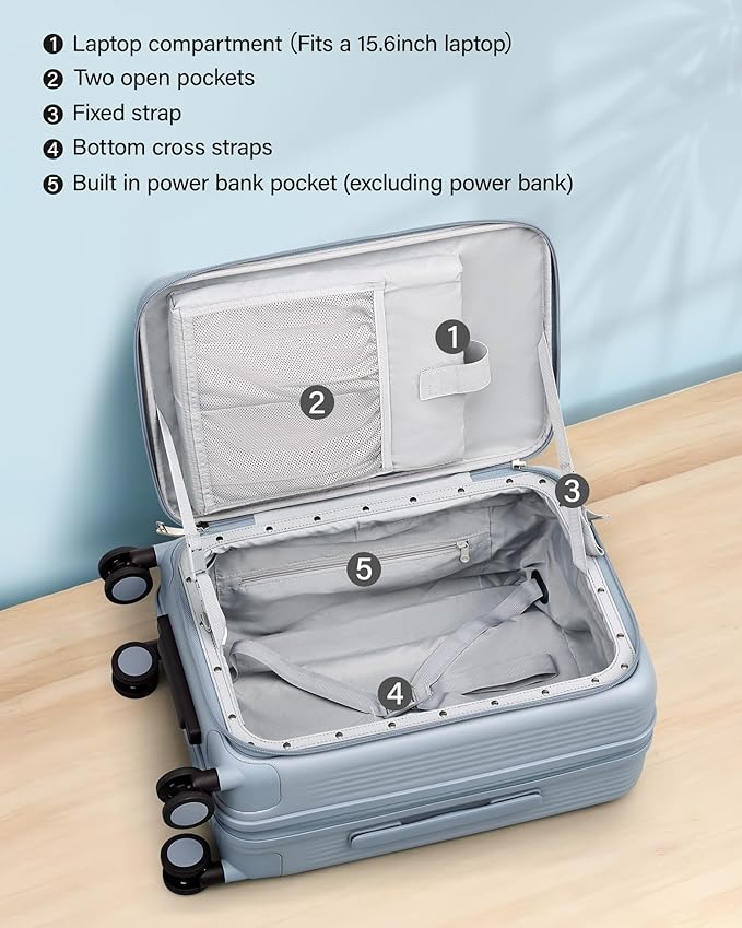 Hanke 20 Inch Expandable Carry On Luggage Airline Approved Top Opening Travel Luggage Rolling Suitcase with Cup Holder Hard Shell Suitcases with Wheels (Grey)
