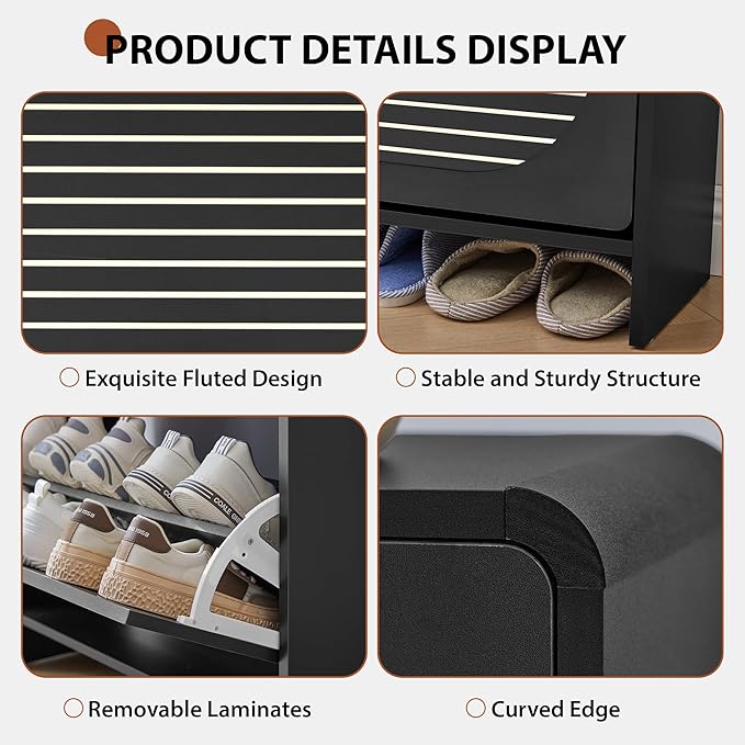 Modern Slim Shoe Storage Cabinet with 2 Flip Drawer Arched Fluted Pattern, Mid-Century Hidden Narrow Curved Corner Shoe Organizer for Entryway,Living Room (Black,with Divider)
