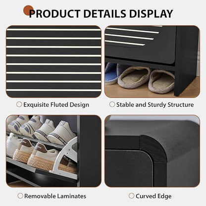 Modern Slim Shoe Storage Cabinet with 2 Flip Drawer Arched Fluted Pattern, Mid-Century Hidden Narrow Curved Corner Shoe Organizer for Entryway,Living Room (Black,with Divider)
