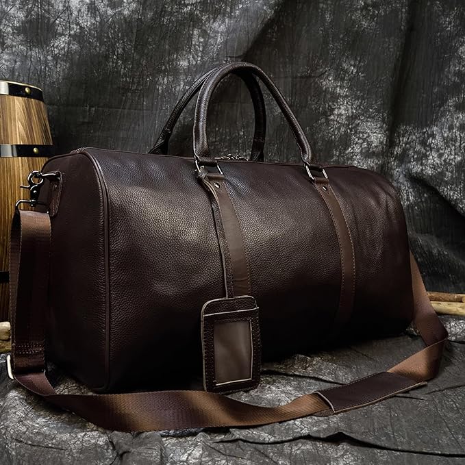 Leather Travel Bag Large Capacity Luggage Duffel Bag with Shoe Compartment, Men Women Weekend Shoulder Handbag for Holiday Business Trip (55cm-Brown)