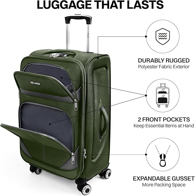 32'' Large Softside Suitcase,Expandable 15% Luggage,with Double Spinner Wheels and LOCK,Lightweight Travel Suitcase for Men/Women（Green-Grey,32in）