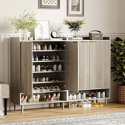 VINGLI Shoe Cabinet with Fluted Doors, 6 Tier Large Wooden Entryway Shoe Storage Cabinet with Adjustable Shelves,44.5" Tall Modern Freestanding Shoe Rack Organizer for Entryway, Hallway,Gray Oak