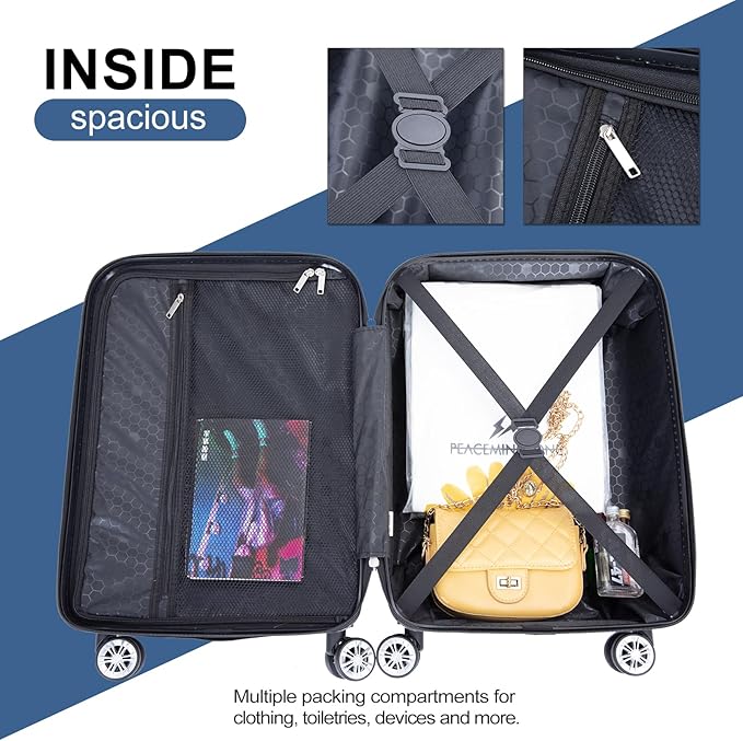 Luggage 4 Piece Set, Hardshell ABS Suitcase Set with Double Spinner Wheels, Lightweight Suitcase, Carry On and Checked Travel Luggage, Dark Blue