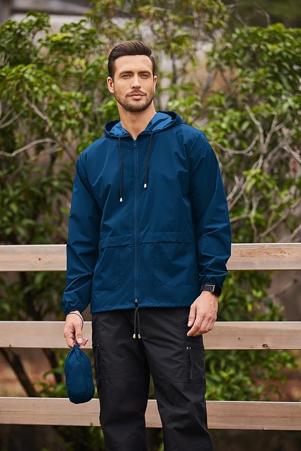 COOFANDY Mens Packable Rain Jacket Lightweight Waterproof Raincoat with Hood Outdoor Rain Gear Travel Hiking Cycling