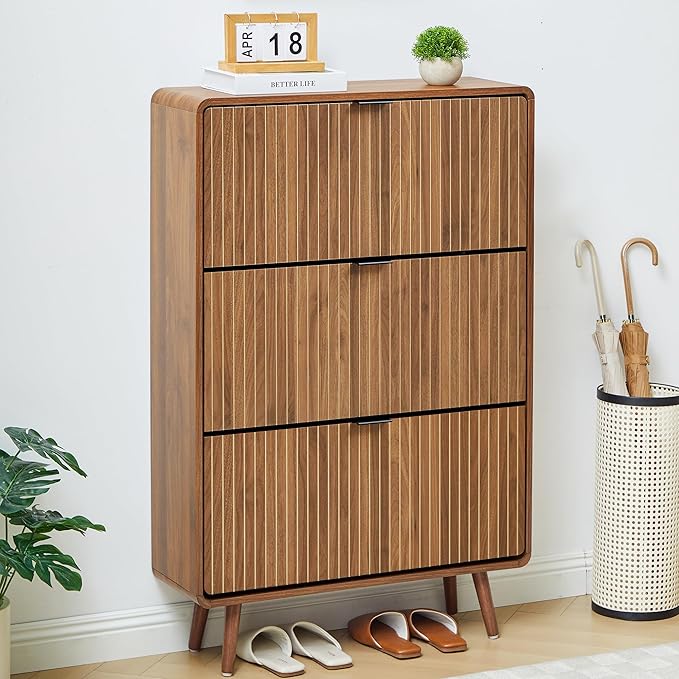 Slim 47" Fluted Shoe Cabinet with 3 Flip Drawers, Curved Hidden Shoe Cabinet Organizer, Narrow Shoes Storage Rack for Entryway (All Walnut-3 Drawers)