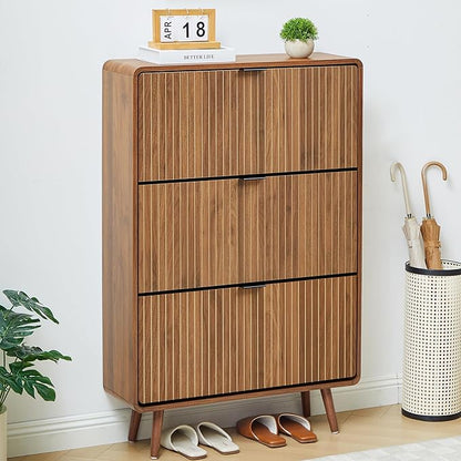 Slim 47" Fluted Shoe Cabinet with 3 Flip Drawers, Curved Hidden Shoe Cabinet Organizer, Narrow Shoes Storage Rack for Entryway (All Walnut-3 Drawers)