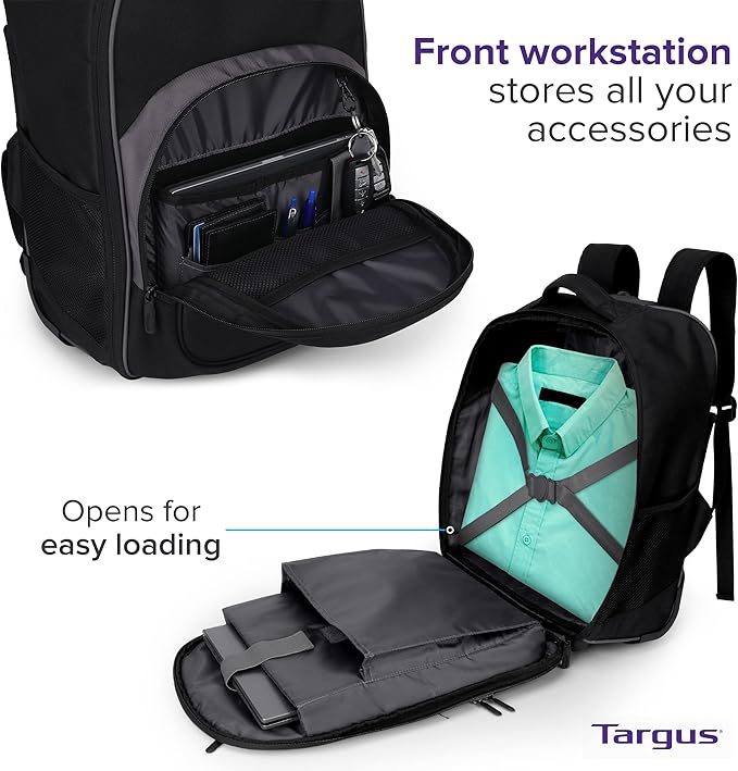 Targus 16 Inch Compact Rolling Backpack, Black - Wheeled Travel Bag with Removable Protective Laptop Sleeve, Fits Laptops Up to 16” and MacBook Pros up to 17” (TSB750US)