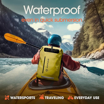 Earth Pak Waterproof Backpack - Heavy Duty Roll-Top Closure with Easy Access Front-Zippered Pocket and Cushioned Padded Back Panel for Comfort with IPX8 Waterproof Phone Case, Yellow, 85L, Messenger
