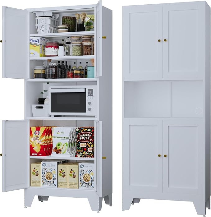 69" Tall Metal Kitchen Pantry Storage Cabinet with Microwave Stand | White | Modern Freestanding Food Buffet Cabinet | Kitchen Hutch | Coffee Bar Hutch for Dining & Living Room