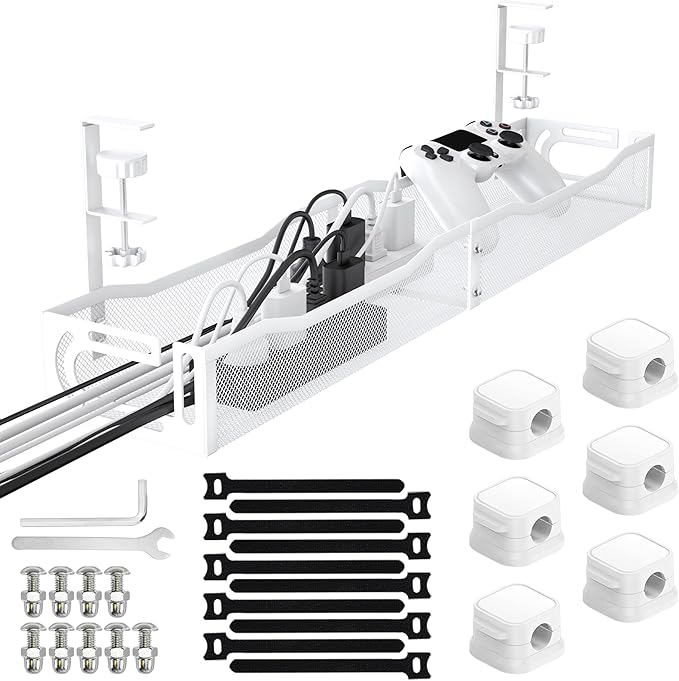 No Drill Under Desk Cable Management Tray, SONATURE 25.3" Cord Organizer for Table, Clamp Mount Desk Cable Management, Premium Carbon Steel Cable Organizer for Office, Home (White)
