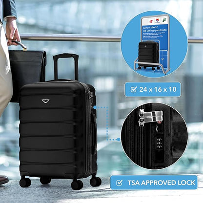 Flight Knight Carry On Suitcase Hardside Built In TSA Lock & USB Port Silent Double Spinner Wheels Maximum Overhead Carry-On Bag For Virgin & South West Approved Airlines( 24x16x10" ,Black )