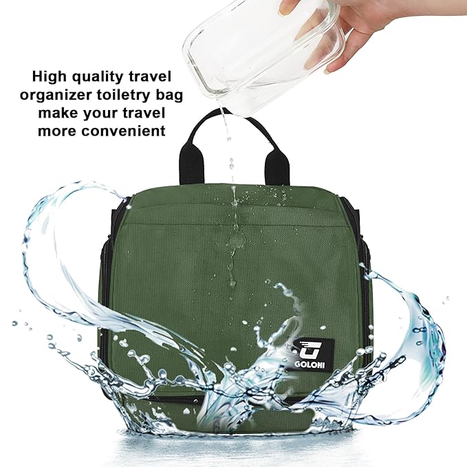 Goloni Hanging Toiletry Bag with Hook, Large Makeup Bag Travel Organizer, Water-Resistant Hanging Cosmetic Bag with 10 Compartments for Women & Men,Green