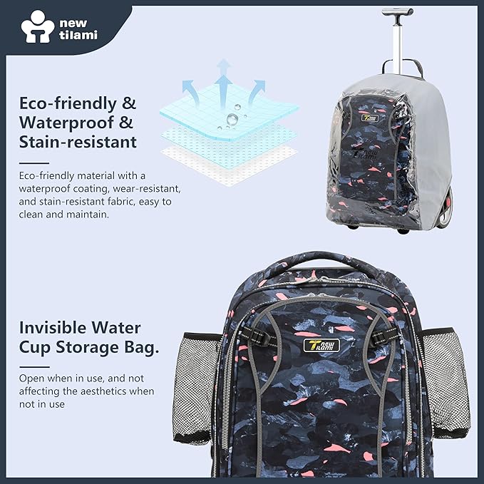 NEW TILAMI 20" Rolling Backpack for Teens Adults, Climbing Stairs Waterproof Backpack with Wheels for School Business Trave Camping with Laptop Compartment, Fit 17 Inch Laptop, Grey Stone