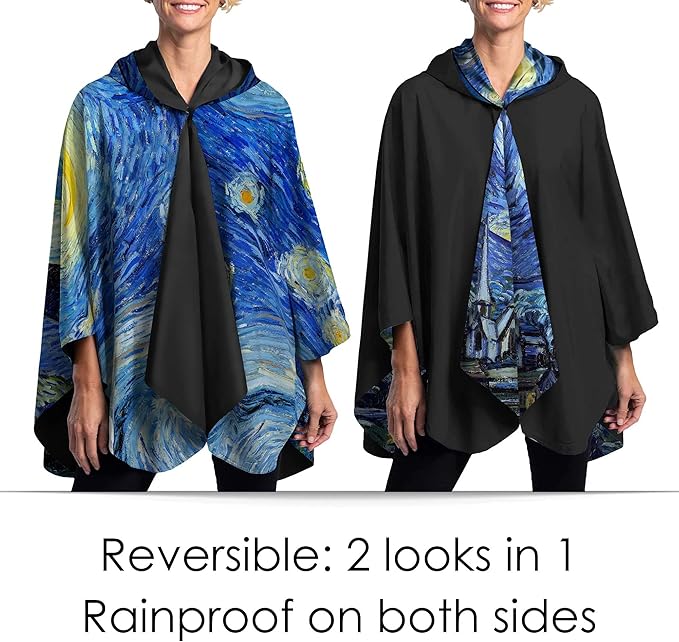 RainCaper van Gogh Starry Night Womens Rain Cape Poncho with Hood Reversible