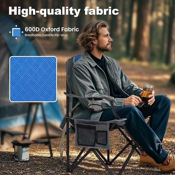 LET'S CAMP Oversized Outdoor Folding Camping Chair, 2 Pack Heavy Duty Arm Chairs with Cup Holder and Storage Bag, 350 LBS Weight Capacity, Blue
