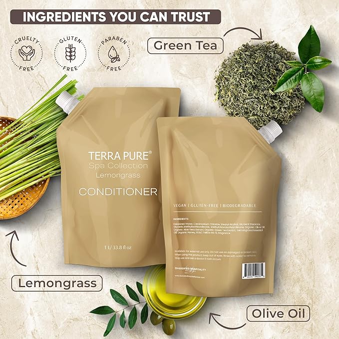 Terra Pure Spa Collection 1 Liter Conditioner Refill Bag For Soap Dispensers | Bulk Toiletries for Vacation Rentals, and Home Bathroom Showers | Green Tea Lemongrass | Set of 12
