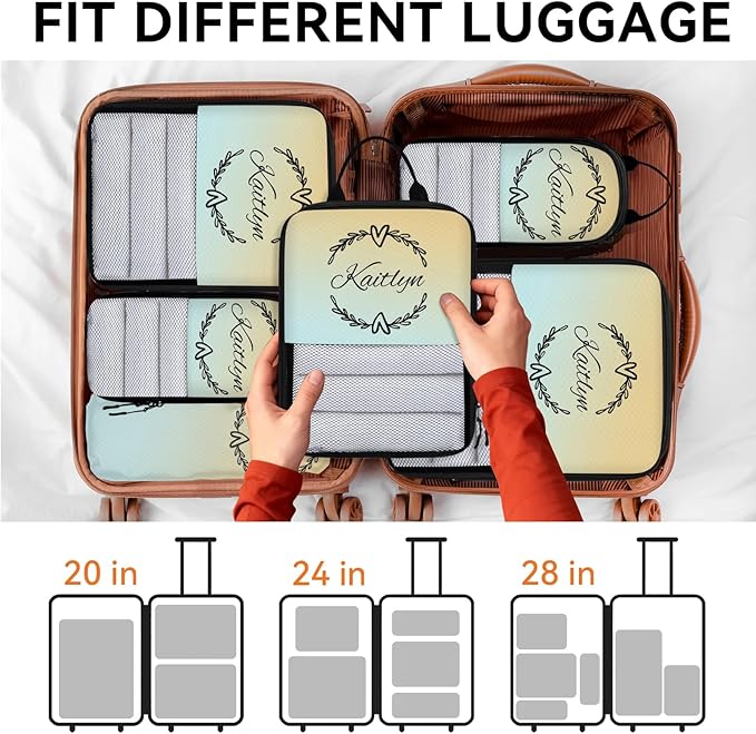 Custom 6 Set Compression Packing Cubes with Name Personalized Compressible Expandable Packing Organizers Luggage Carry On Suitcase Bags Travel Accessories Gifts