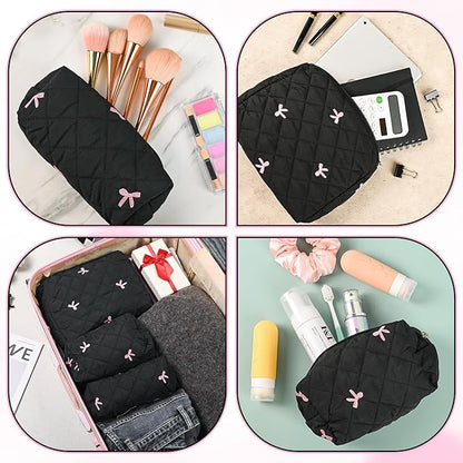 Quilted Makeup Bag Set,3 Pcs Puffy Cosmetic Bags Aesthetic Make Up Bags,Small Zipper Pouch,Travel Toiletry Bag Purse Organizer Pouches for Women (Black-Bow)
