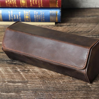 Genuine Leather Watch Roll Travel Case, Vintage Full Grain Leather Hexagon Watches Storage Organizer with Display Removable Pillows & Solid Dividers for Home Storage &Display(3 Slots)